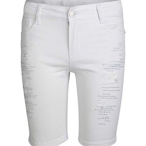 Distressed white denim shorts